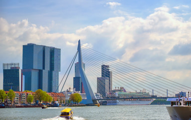 A view of the Erasmusbrug (Erasmus Bridge) which connects the north and south parts of Rotterdam,...