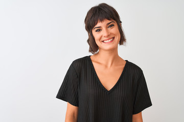 Young beautiful woman wearing black t-shirt standing over isolated white background with a happy and cool smile on face. Lucky person.