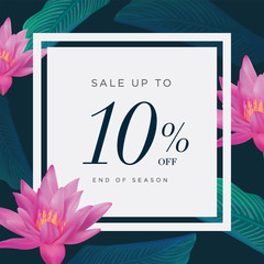 10% lettering handmade with leaves and flower tropical decoration. For Sale discount, Web Promotion, Poster Banner Background, Sign and symbol. Luxury unique style, Green color, Vector illustration