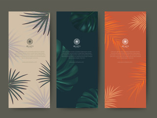 Branding Packaging tropical plant leaf summer pattern background, for spa resort luxury hotel, logo banner voucher, fabric pattern, organic texture. vector illustration. - obrazy, fototapety, plakaty