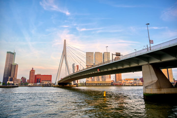 A view of the Erasmusbrug (Erasmus Bridge) which connects the north and south parts of Rotterdam, the Netherlands.