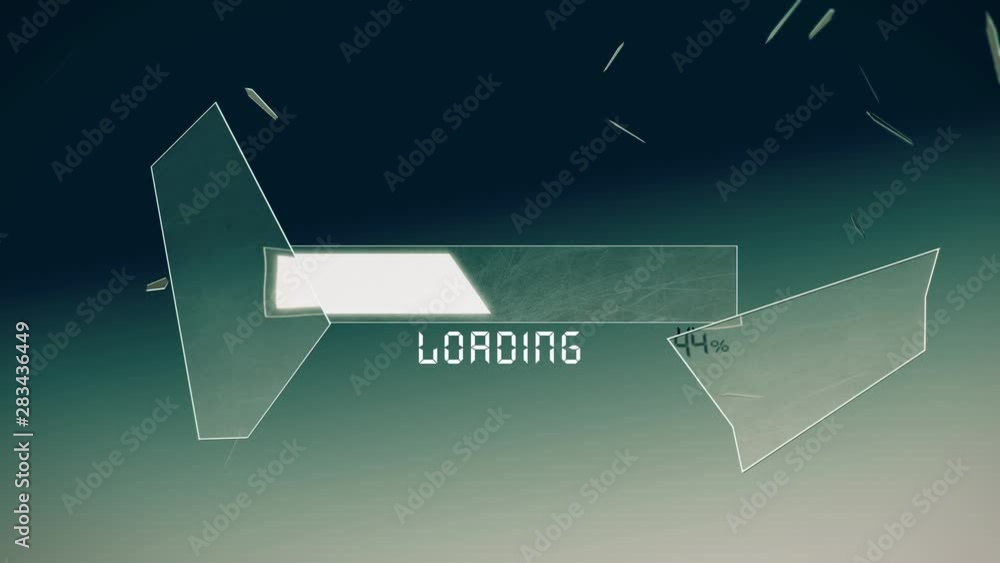 Poster loading bar rises to 100% surrounded by broken glass. explosion towards the camera. version with bac