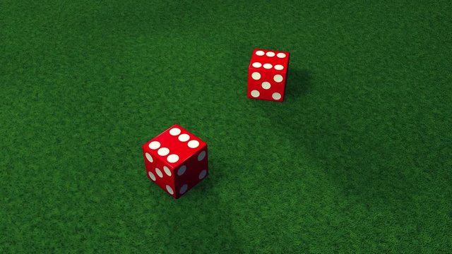 Dice Pair 6x6 are thrown on different surfaces. Mirroring glass, green playing surface and wooden table. - 4K / UHD