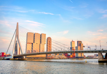 A view of the Erasmusbrug (Erasmus Bridge) which connects the north and south parts of Rotterdam, the Netherlands.