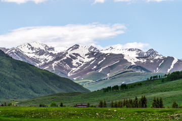 Fototapeta premium Mount Crested Butte village in summer with green grass and snow mountains with alpine meadows in early summer