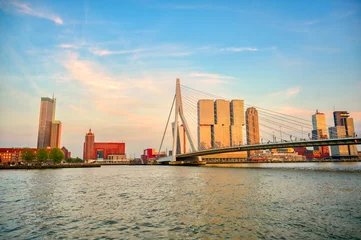 A view of the Erasmusbrug (Erasmus Bridge) which connects the north and south parts of Rotterdam, the Netherlands.