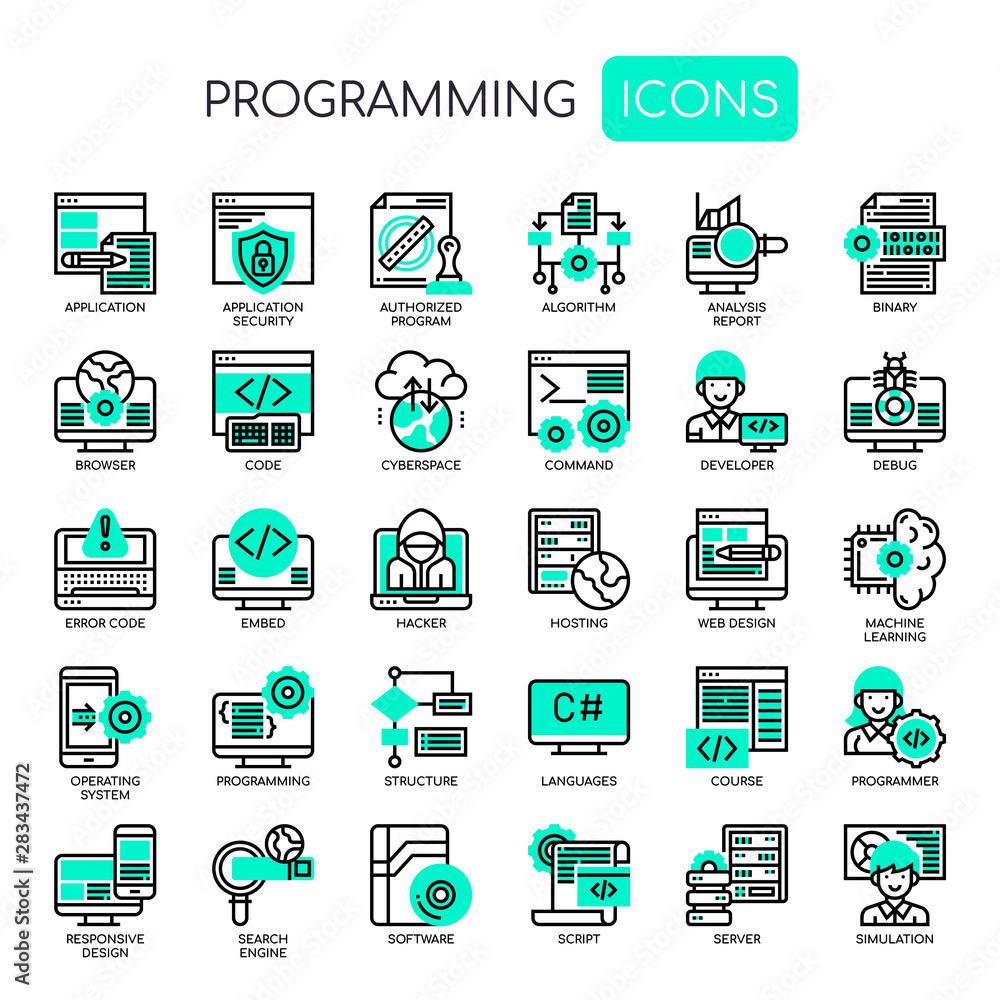 Wall mural programming , thin line and pixel perfect icons