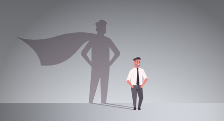 businessman dreaming about being super hero shadow of man with cape imagination aspiration concept male cartoon character standing pose full length flat horizontal © mast3r