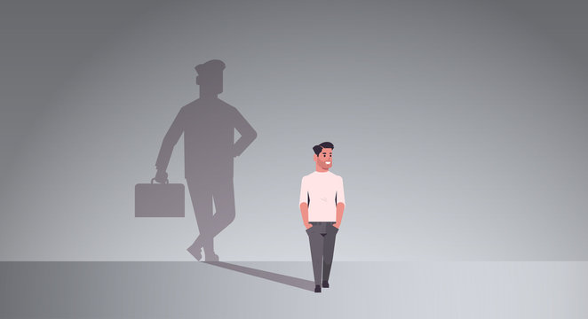 casual guy dreaming about being businessman shadow of business man with briefcase imagination aspiration concept male cartoon character standing pose full length flat horizontal