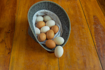 Eggs are put in the cloth to prepare breakfast.