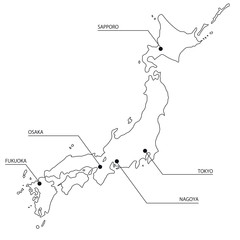 シンプルな日本地図と主要都市