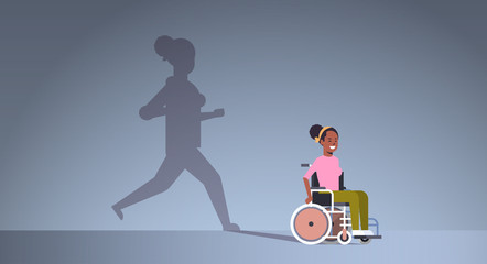 disabled african american girl on wheelchair dreaming about recovery shadow of healthy woman running imagination aspiration concept female cartoon character full length horizontal