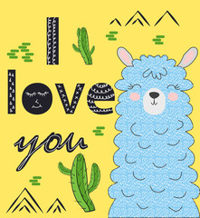 Lama is cute in the Scandinavian style, fashionable, cool, among cacti and mountains. Inscription I love you