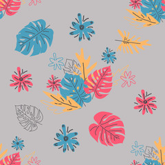 Abstract drawing in scandinavian style. Modern illustration with tropical leaves, grunge, marbling textures, doodles, minimal elements. Creative seamless pattern with hand drawn shapes