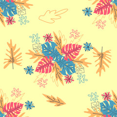 Exotic leaves hand drawn seamless pattern. Tropical plant drawing. Scandinavian style backdrop.