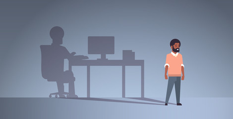 Fototapeta premium african american guy dreaming about being freelancer shadow of man working on computer at workplace imagination aspiration concept male cartoon character full length flat horizontal