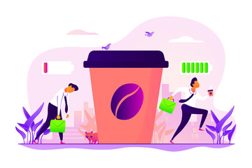 Depressed office worker, stress and emotional burnout. Caffeine stimulating effect. Coffee break, low energy, tiredness and energizing concept. Vector isolated concept creative illustration