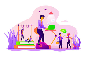 Activity, sporty breaks in company. Work life, health balance. Fitness-focused workspace, health-conscious workspace, modern office concept. Vector isolated concept creative illustration