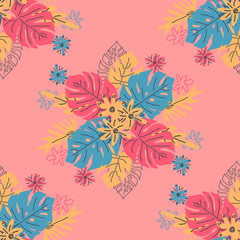 Tropical plant drawing. Scandinavian style backdrop. banana, palm, monstera leaves.