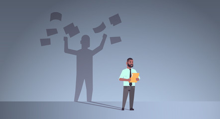 african american businessman holding folder shadow of overvorked business man throwing paper documents aspiration imagination concept male cartoon character full length horizontal