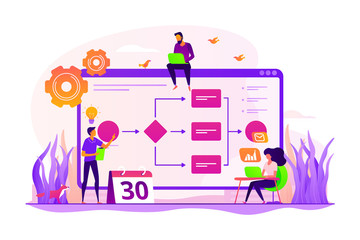 Teamwork, colleagues working on project. Startup launch. Business process management, business process visualization, IT business analysis concept. Vector isolated concept creative illustration