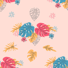 Modern illustration in scandinavian style with tropical leaves, grunge, marbling textures, seamless pattern