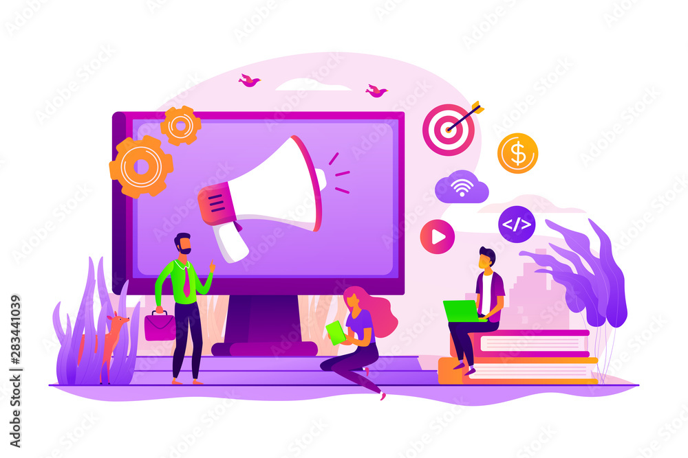 Poster digital marketing benefit. web analytics. programmers working in team. marketing activity. attributi