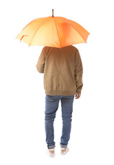 Handsome young man with umbrella on white background, back view