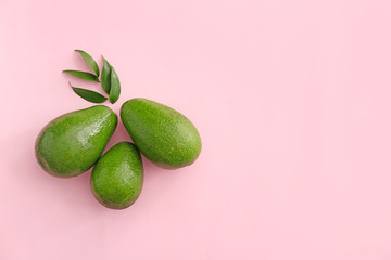 Fresh ripe avocados on color background