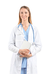 Fototapeta premium Female doctor with stethoscope and tablet computer on white background