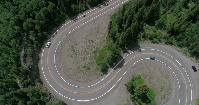 Aerial view of a switchback curvy highway in the Rocky Mountains in Colorado