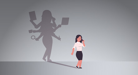 Obraz premium busy businesswoman talking on phone shadow of business woman with many hands multitasking overworked concept female cartoon character standing pose full length flat horizontal