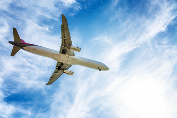 Passenger plane in a bright cloudy blue sky, Close-up.