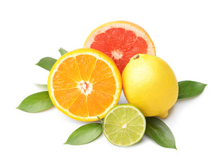 Different citrus fruits on white background