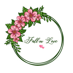Ornament green leaves and pink flower frame, for banner or poster fall in love. Vector