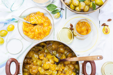 Cooked plums in the pot, prepared plums  for pouring into the jars, food and healthy eating concept