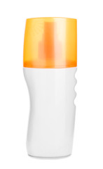 Bottle of sun protection cream on white background