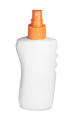 Bottle of sun protection cream on white background