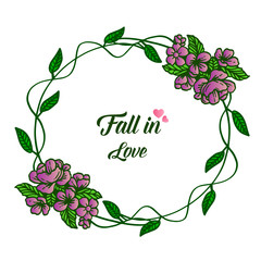 Drawing of purple rose wreath frame, isolated on white background, for card with theme fall in love. Vector