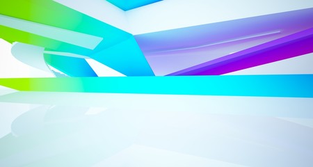 Abstract architectural white interior and color gradient of a minimalist house with large windows.. 3D illustration and rendering.