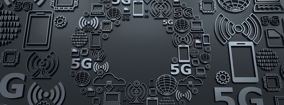 Mobile gadgets technology relative image. Circle frame with technology thin line icons. 5G Network Symbol. 3D rendering