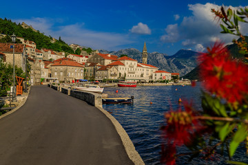 Fototapeta na wymiar Scenic view of the postcard perfect historic town of Perast in the Bay of Kotor on a sunny day in the summer, Montenegro