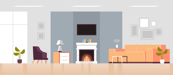 smart speaker voice recognition activated digital assistant smart home concept empty no people modern living room interior design flat horizontal