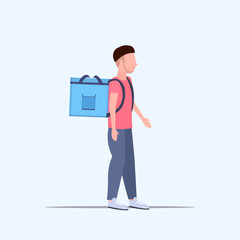 man courier with large backpack delivering food from shop or restaurant express delivery service concept flat full length