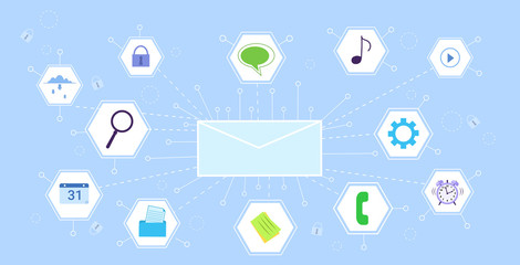 letter envelope social media icons applications network communication concept flat horizontal