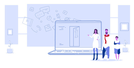 parents and son using laptop computer web browser internet for whole family online browsing concept people searching info modern living room interior sketch horizontal full length