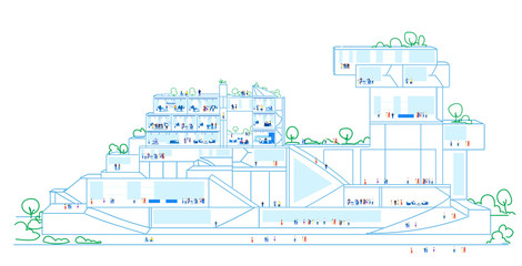 businesspeople working in different departments big business center corporate building model in cut detailed interior concept sketch doodle horizontal