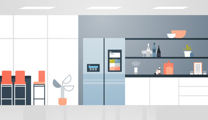 refrigerator with lcd screen controlled by smart speaker voice recognition activated digital assistant concept modern kitchen interior flat horizontal full length