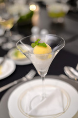 Lemon sorbet in fine dining restaurant