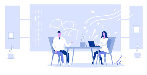 businesspeople sitting at workplace man chat bubble speech dictating information to woman assistant typing text on laptop keyboard work dictation concept sketch horizontal full length